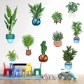 Self-adhesive watercolor potted plants wall stickers featuring green cactus and monstera leaves - KSY159 Potted Cactus Green Leaves
