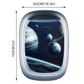 Detail view of 3D spaceship window wall sticker showing deep space planets and size guide - Outer Space Galaxy Gray Frame (KS6802-13)