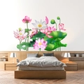 Zelfklevende gouden lotus muurstickers met roze bloemen voor slaapkamer decoratie - Lotusbloem En Blad (KSY162B)