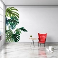 Realistic monstera leaf wall decal sticker on white brick wall in minimalist room - Right Facing Style (KS6757-Y)