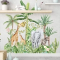 Adesivi murali acquerello dettagliati con animali tropicali e piante della giungla fitta - Giraffa Elefante Palma