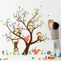 Detail von Cartoon-Wald-Wandtattoos mit Baum, Affen und Eichhörnchen an weißer Wand - Affe Eichhörnchen Igel Stil (1233)