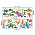 Detail view of two sheets of cartoon dinosaur wall stickers with specific size dimensions - Dinosaur Footprints And Tree Style