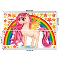 Vista dettagliata di due adesivi murali con unicorno e arcobaleno e dimensioni in cm e pollici - 30x90cm x 2 Fogli