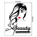 Detail of salon wall decal showing 40x50cm dimensions with scissors and comb design - Black and Red Style