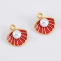 Red enamel scallop shell charms with white pearl inlay and gold plating for DIY jewelry - Red