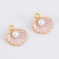 Cute golden shell charm with pink enamel inlay and white pearl for DIY jewelry making - Light Pink