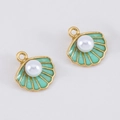 Mint green shell pendant with gold rim and pearl accent for DIY jewelry making - Turquoise Green