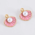 Pink enamel shell charm with white pearl and gold plating for DIY jewelry making - Pink
