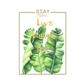 Stampa decorativa nordica con foglie tropicali ad acquerello e scritta dorata Stay Positive - Foglie di Banano Citazione (KS6628-1)