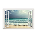 3D Wandtattoo mit Fensterblick auf den Strand, Ozeanwellen und blauen Himmel Dekoration - Mittlerer Stil