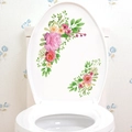 Detail van aquarel bloemenstickers voor toiletbril met roze pioenrozen en groene bladeren - Roze Paarse Pioenroos Cluster (KS6781C)