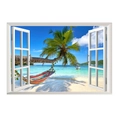 3D-Wandtattoo mit Strandlandschaft, Palmen und Hängematte durch ein weißes fiktives Fenster - 57*90CM