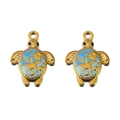 Golden sea turtle pendant with sky blue enamel shell featuring starfish and shell patterns - Turtle Blue