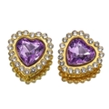 Pair of purple heart-shaped crystal rhinestones with gold base and clear white border - Purple