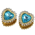 Golden heart-shaped ear plug with sky blue gem and clear rhinestones on white base - Blue
