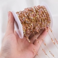 Handmade gold plated stainless steel chain with pink crystal glass beads for DIY jewelry - 【1 Meter / Pack】 / Brown