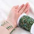 DIY gold stainless steel chain with green and clear multifaceted beads on a spool - 【1 Meter / Pack】 / Dark Green