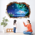 3D Magischer Wald Einhorn Wandtattoo mit Mauerdurchbruch-Effekt für Wohnzimmer Dekor - Einhorn Ätherisches Blau Vision Stil (KSD8846)