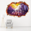 3D aquarel eenhoorn muursticker met realistisch muurdoorbraak effect voor de kinderkamer - Eenhoorn Paars Magisch Bos Stijl (KSD8838)