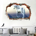 3D Wandtattoo Einhorn mit Wanddurchbruch und Berglandschaft für Wohnzimmer Deko - Einhorn Berggipfel Schneeszene Stil (KSD8842)