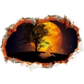 3D cracked wall sticker with a unicorn under a bright orange moon and mystical starry sky - Unicorn Under Moon / 50*70CM