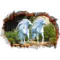 Vinilo decorativo 3D de unicornios blancos rompiendo una pared de piedra - Unicornio Pared Rota 3D