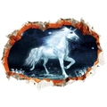 3D cracked wall decal featuring a white unicorn running through a starry galaxy background - 50x70cm