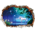 3D Wandtattoo weißes Einhorn im magischen blauen Wald, Wanddurchbruch Optik Dekor - 50*70CM