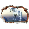 3D-Wandtattoo mit weißem Einhorn auf Felsen und realistischem Durchbruch-Effekt an der Wand - 50*70CM