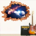 Adesivo murale 3D con effetto muro di mattoni rotti e vista panoramica dello spazio - Stile Impatto di Meteorite sul Pianeta (KS6716)