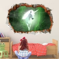 Adesivo murale 3D con unicorno bianco che salta dalla foresta verde attraverso un muro rotto - 50*70CM