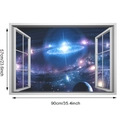 3D wall sticker with blue galaxy planet view through window frame, 90cm x 57cm size - L-57*90CM