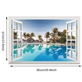 Dettaglio adesivo murale finestra 3D con paesaggio spiaggia e misure di 90x57cm - Paesaggio Isola con Piscina (6750-2)