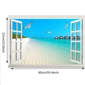 Detail of 3D window beach wall decal showing dimensions 90x57cm for tropical room decor - Seaside Vacation Resort (6750-7)