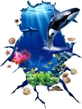 Detailed 3D wall decal showing whales and sea turtles through a realistic wall crack - KS6633: 60x90CM