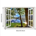 Detailed view of 3D window wall sticker with scenic lake view and dimension measurements - Lakeside Mountain Sunshine (6750-11)
