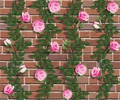 Papel pintado floral con rosas rosas y vides verdes en pared de ladrillo marrón rojizo - 45*100cm