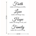 Detailansicht des Wandtattoos mit Faith Love Hope Family Schriftzug und 57x32cm Maßen - 57*32CM