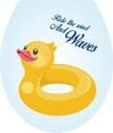 Detail van gele eend sticker met Ride the Wind and Waves tekst voor toiletdecoratie - Cartoon Eend (3201)