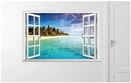 3D faux window wall decal with tropical beach landscape and white palm tree frame - Tropical Beach (4)