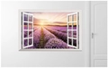 3D wall sticker with fake window frame featuring a purple lavender field sunset landscape - Lavender Field (1)