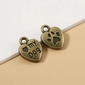Vintage bronze alloy heart charm with 'my Dog' text and paw print cutout for DIY - 5 Pcs/Pack / Bronze