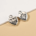 Set of retro silver alloy heart charms featuring my DOG text and pet paw print patterns - 5 Pcs/Pack / Antique Silver