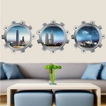 3D submarine porthole wall stickers featuring iconic world landmarks in a modern living room - 30*30cm