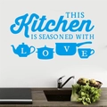 Detail showing blue vinyl kitchen wall sticker with This Kitchen Is Seasoned With Love quote - 52*30CM / Blue