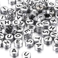Silver acrylic A-Z letter beads with flat round design and hole for DIY jewelry making - 100 Pieces/Pack / Silver With Black Letters