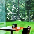 Detail showing white vinyl coffee cup wall decal with lettering on glass partition - 58x30cm White / White