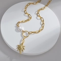 French vintage 14K gold leaf necklace with chunky chain and baroque pearl pendant - Leaf Pendant Necklace