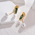 French vintage gold leaf drop earrings with white pearls and long snake chain tassels - Green Leaf Pearl Pendant Style (OLBE732) / Green/White/Gold